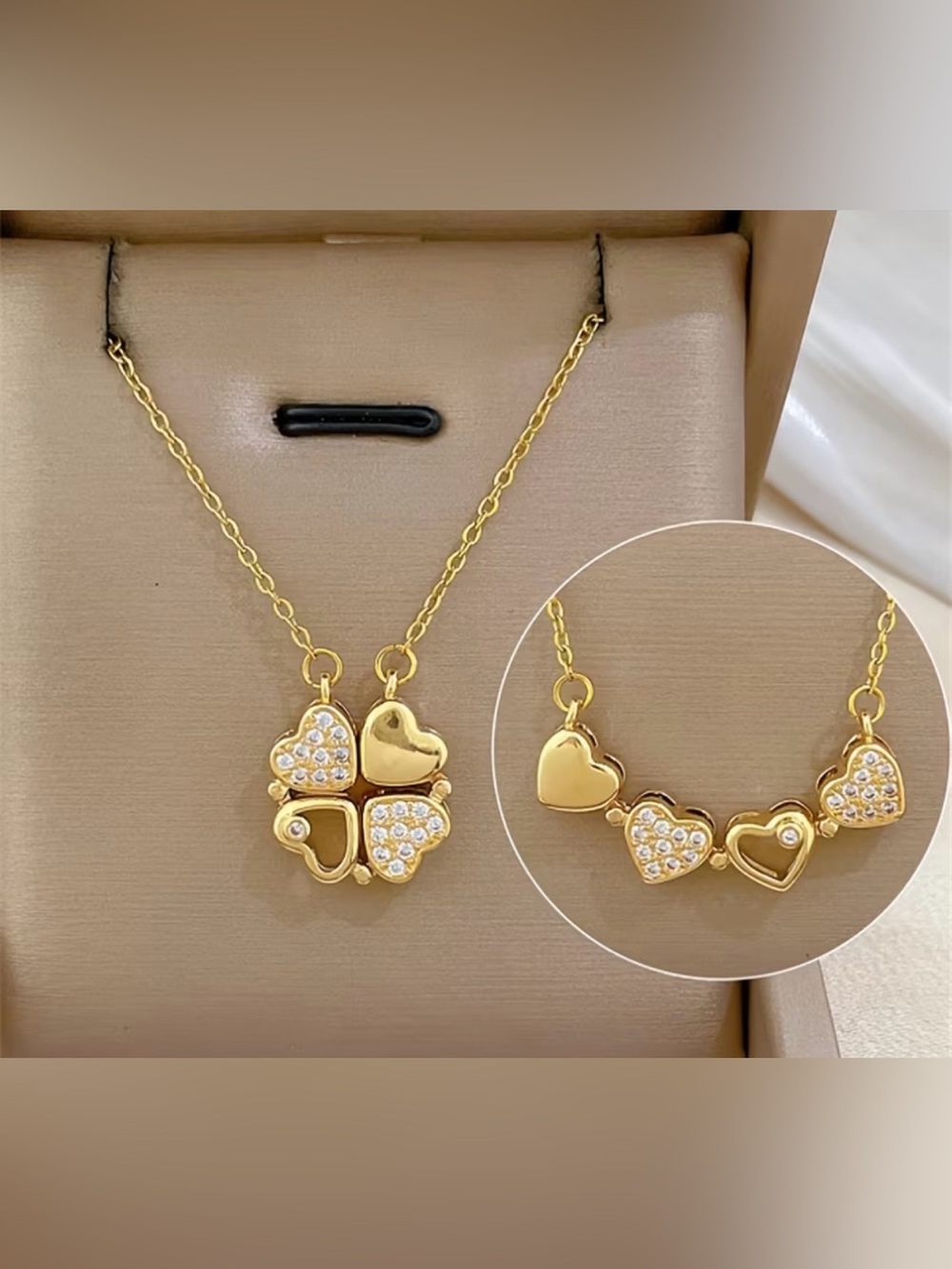 Gold Heart Clover Pendant Necklace with Crystal Accents - Women